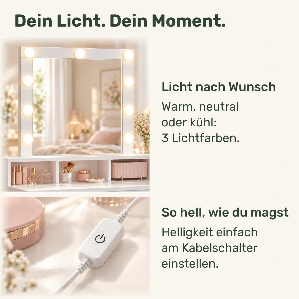 Schminktisch mit beleuchtetem Spiegel und 2 Schubladen Alva – 80 / 100 cm - nestful