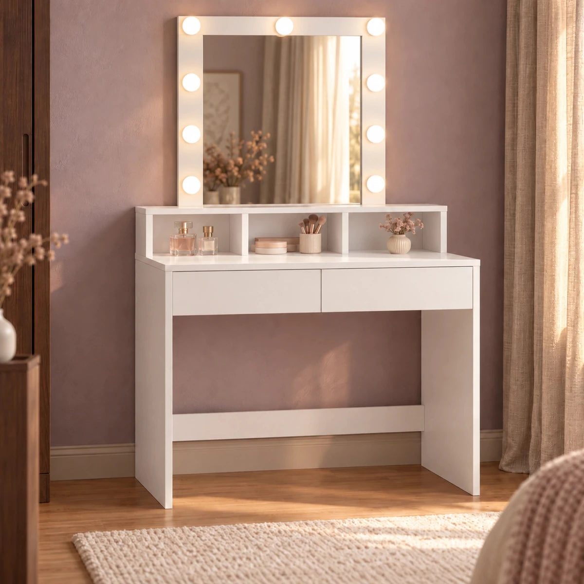 Schminktisch mit beleuchtetem Spiegel und 2 Schubladen Alva – 80 / 100 cm - nestful