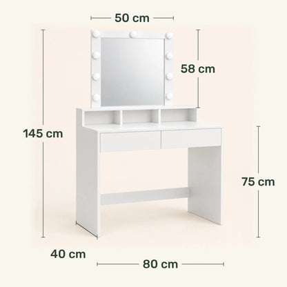 Schminktisch mit beleuchtetem Spiegel und 2 Schubladen Alva – 80 / 100 cm - nestful