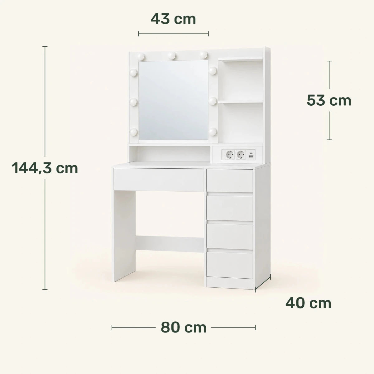 Schminktisch mit beleuchtetem Spiegel und 5 Schubladen Tessa – 80 cm - nestful