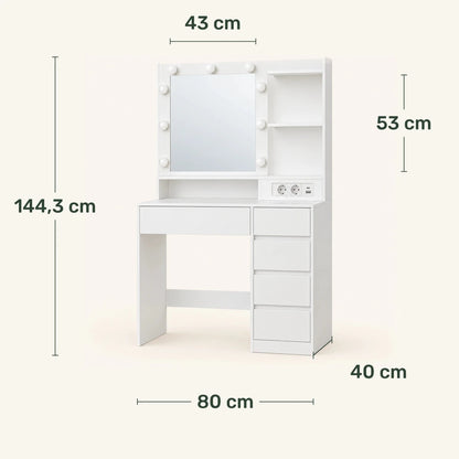 Schminktisch mit beleuchtetem Spiegel und 5 Schubladen Tessa – 80 cm - nestful