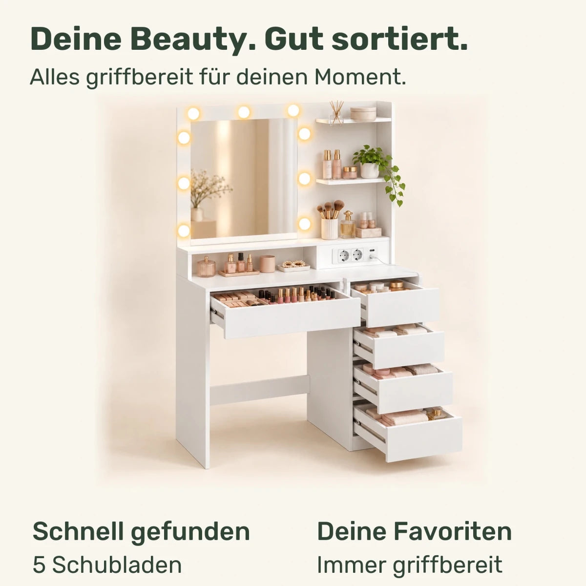 Schminktisch mit beleuchtetem Spiegel und 5 Schubladen Tessa – 80 cm - nestful