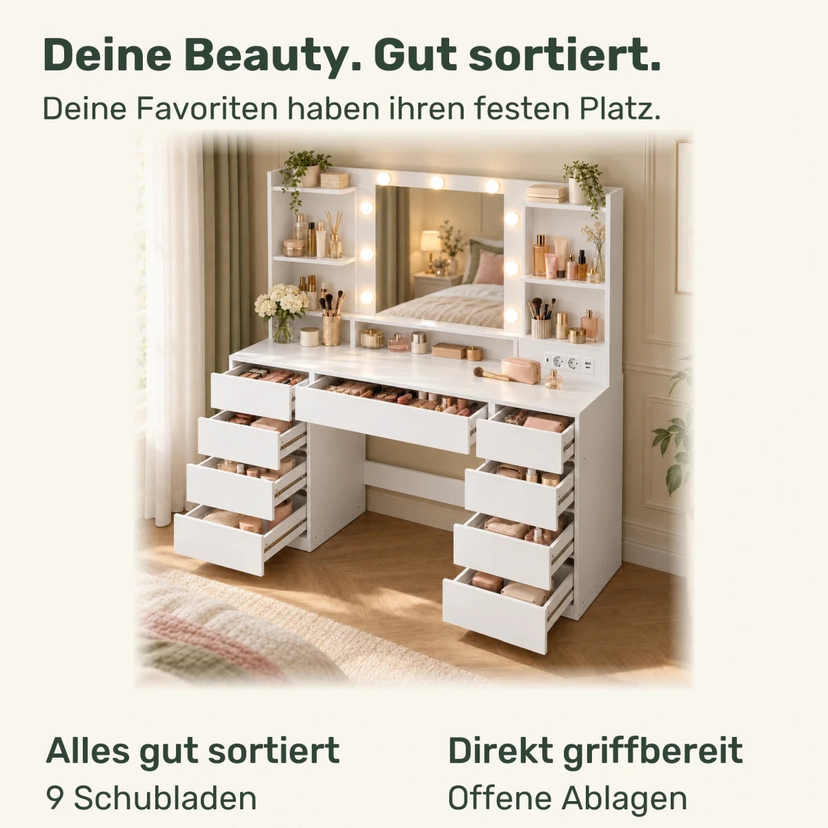 Schminktisch mit beleuchtetem Spiegel und 9 Schubladen Leonie - nestful