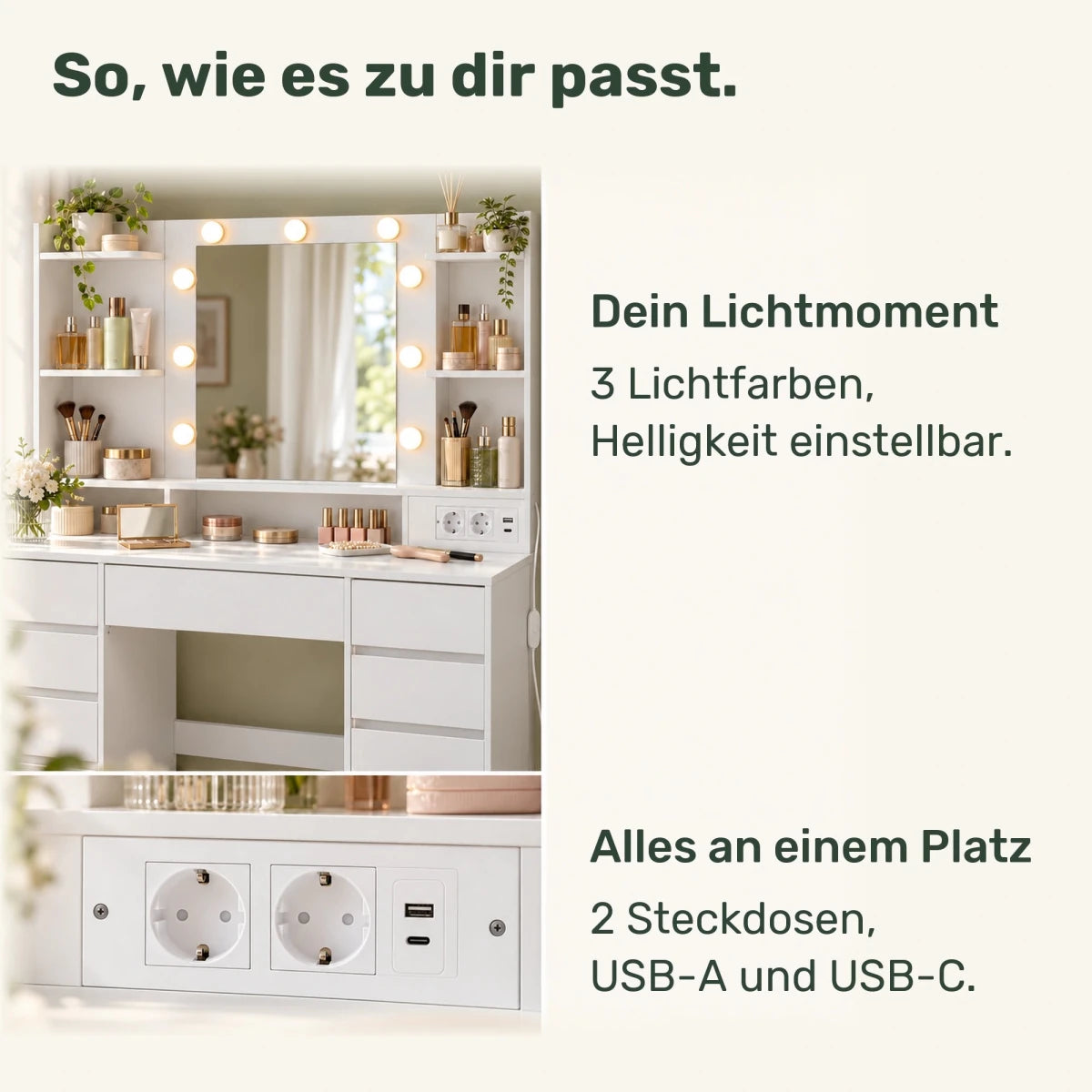 Schminktisch mit beleuchtetem Spiegel und 9 Schubladen Leonie - nestful