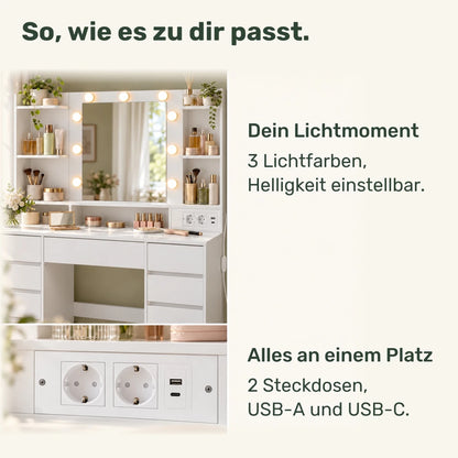 Schminktisch mit beleuchtetem Spiegel und 9 Schubladen Leonie - nestful