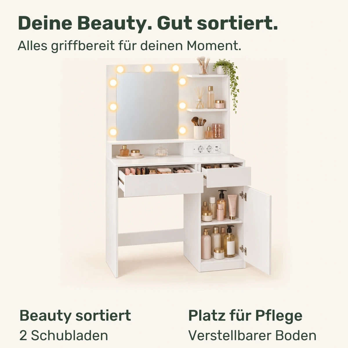Schminktisch mit beleuchtetem Spiegel und Seitenschrank Mila – 80 cm - nestful