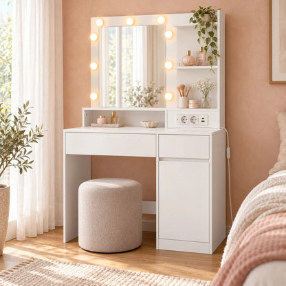 Schminktisch mit beleuchtetem Spiegel und Seitenschrank Mila – 80 cm - nestful