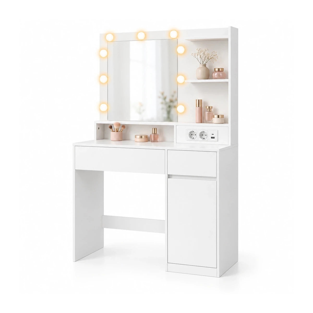 Schminktisch mit beleuchtetem Spiegel und Seitenschrank Mila – 80 cm - nestful