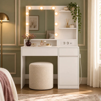 Schminktisch mit beleuchtetem Spiegel und Seitenschrank Mila – 80 cm - nestful