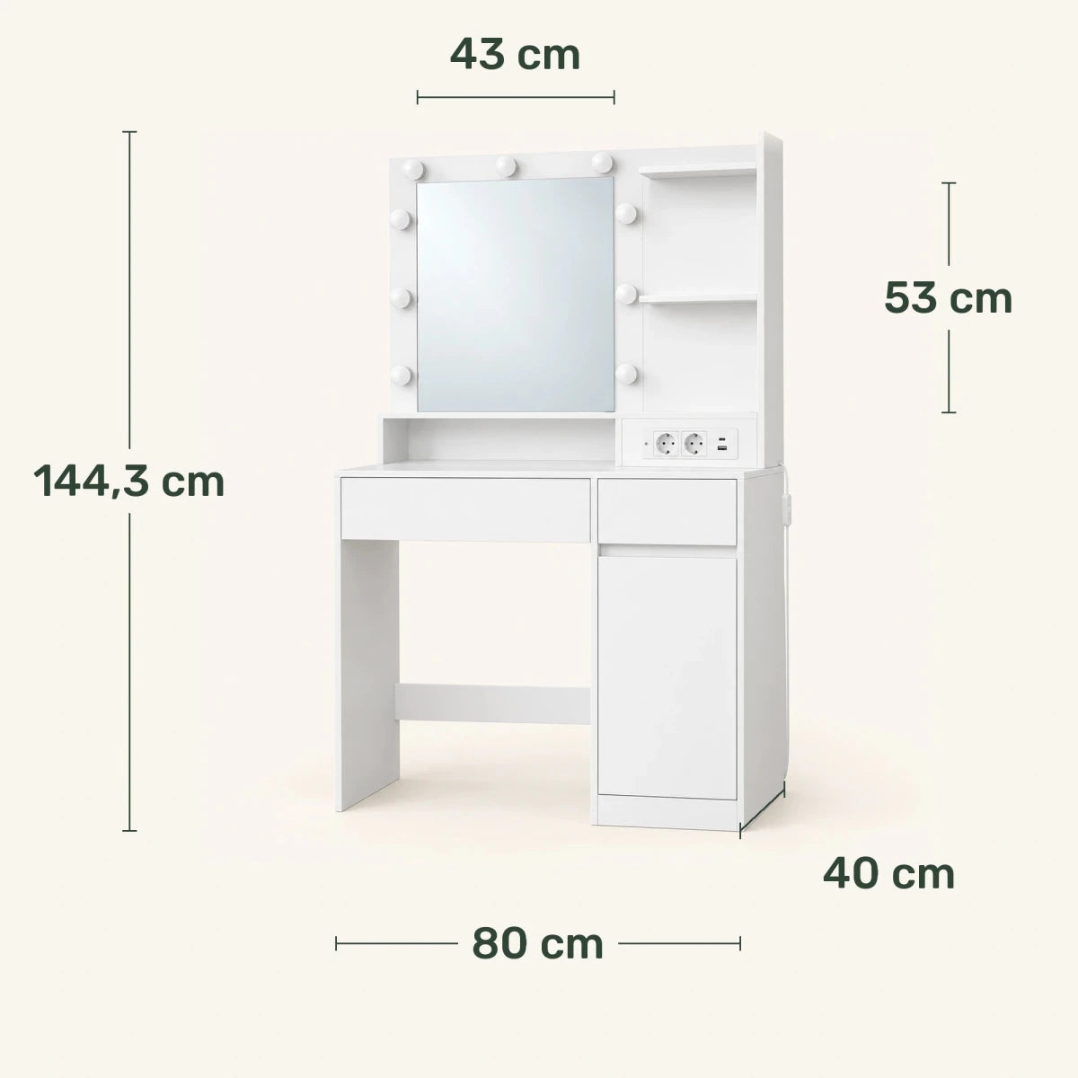 Schminktisch mit beleuchtetem Spiegel und Seitenschrank Mila – 80 cm - nestful