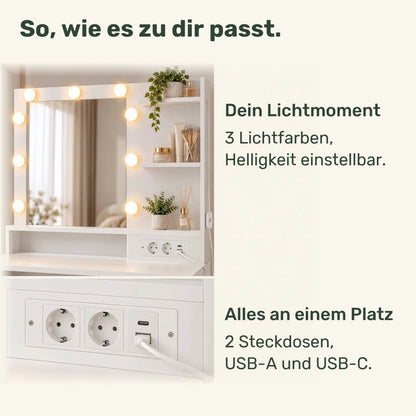 Schminktisch mit beleuchtetem Spiegel und Seitenschrank Mila – 80 cm - nestful