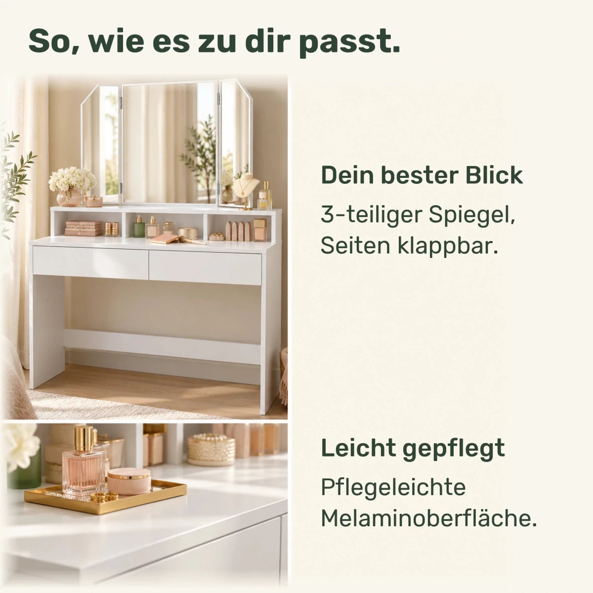 Schminktisch mit dreiteiligem Spiegel Freya – 100 cm - nestful