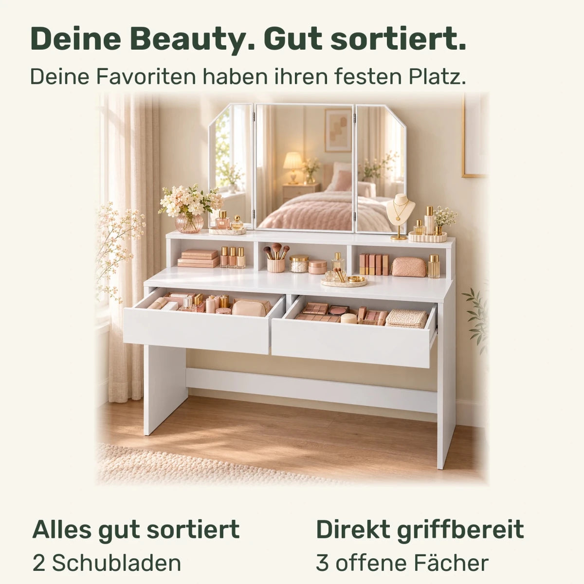 Schminktisch mit dreiteiligem Spiegel Freya – 100 cm - nestful