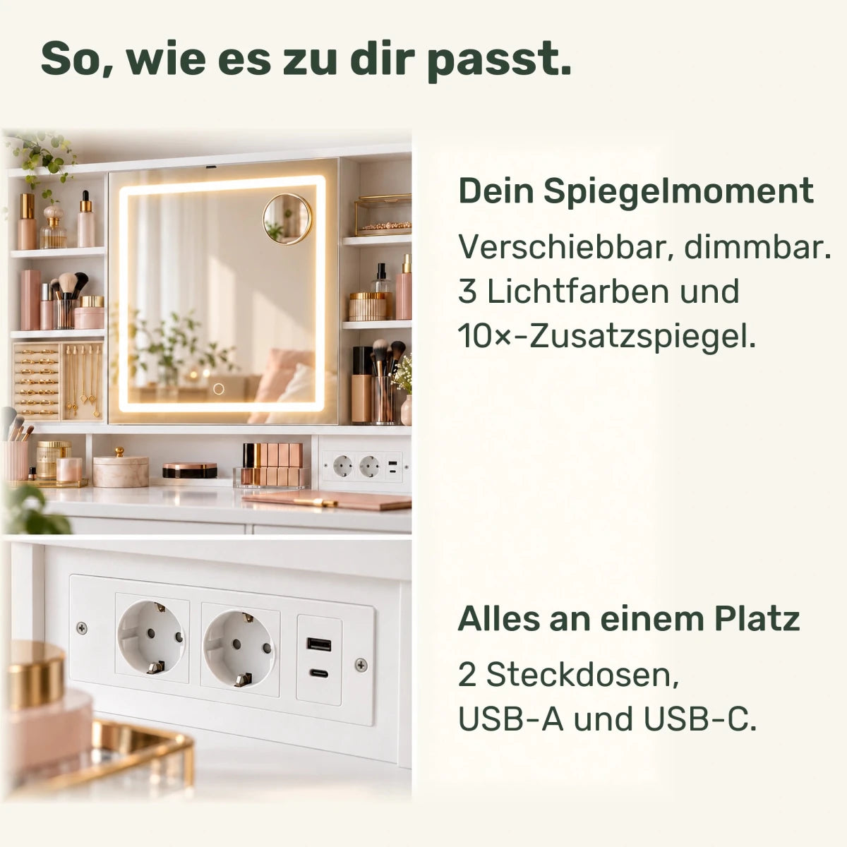 Schminktisch mit LED-Schiebespiegel und 9 Schubladen Marlene - nestful