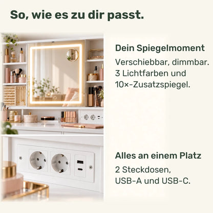 Schminktisch mit LED-Schiebespiegel und 9 Schubladen Marlene - nestful