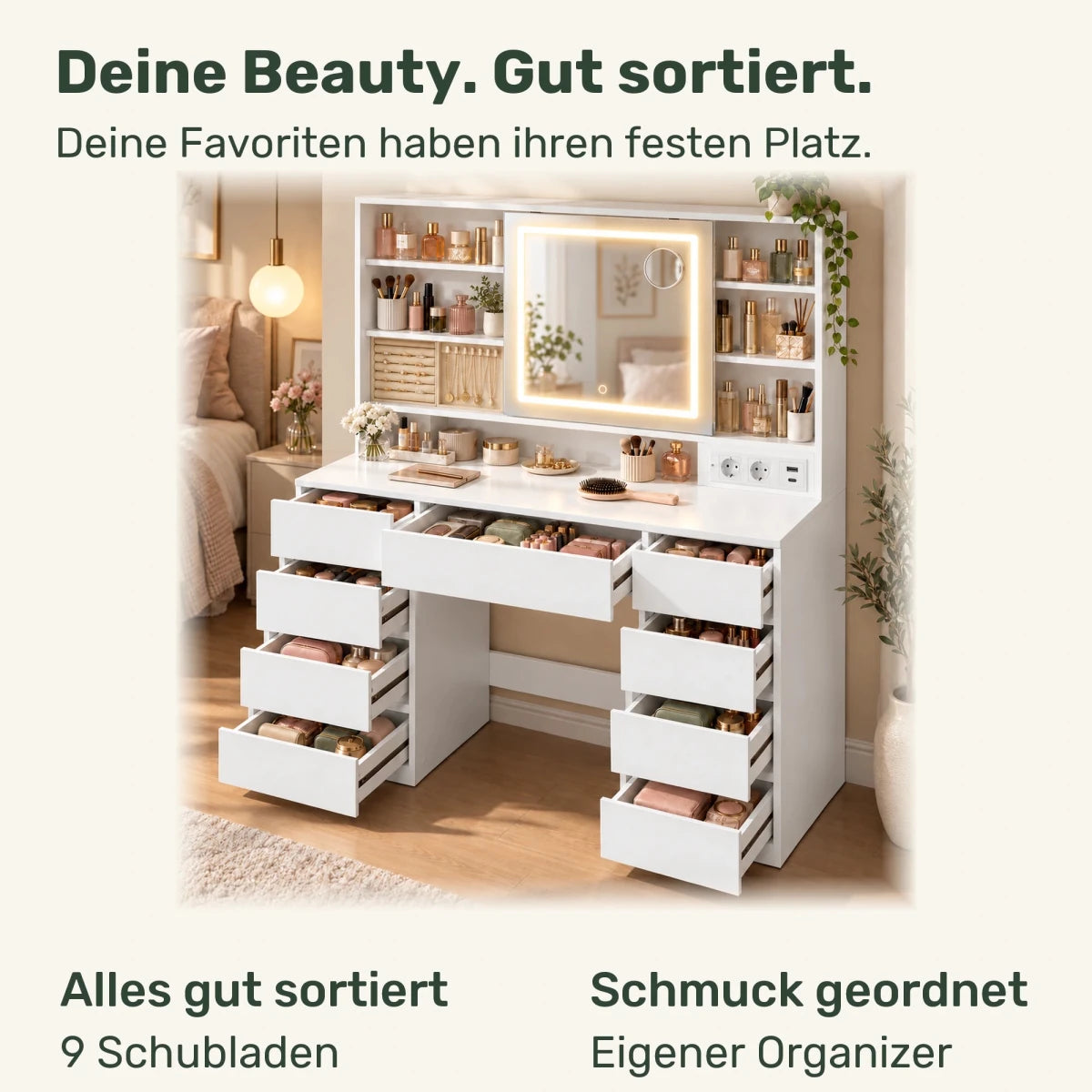 Schminktisch mit LED-Schiebespiegel und 9 Schubladen Marlene - nestful