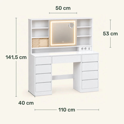 Schminktisch mit LED-Schiebespiegel und 9 Schubladen Marlene - nestful