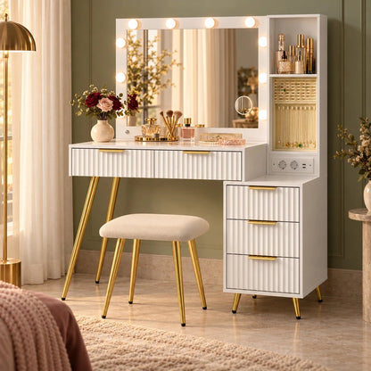 Schminktisch mit LED-Schiebespiegel und Hocker Rosalie - nestful