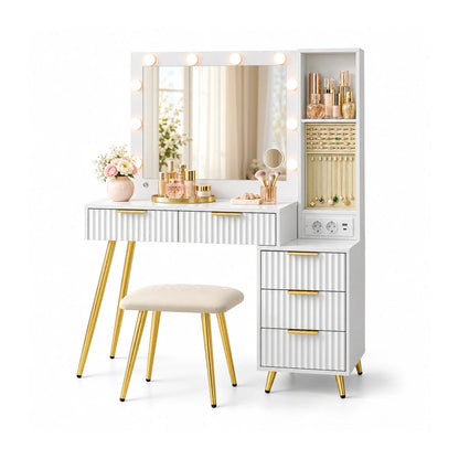 Schminktisch mit LED-Schiebespiegel und Hocker Rosalie - nestful