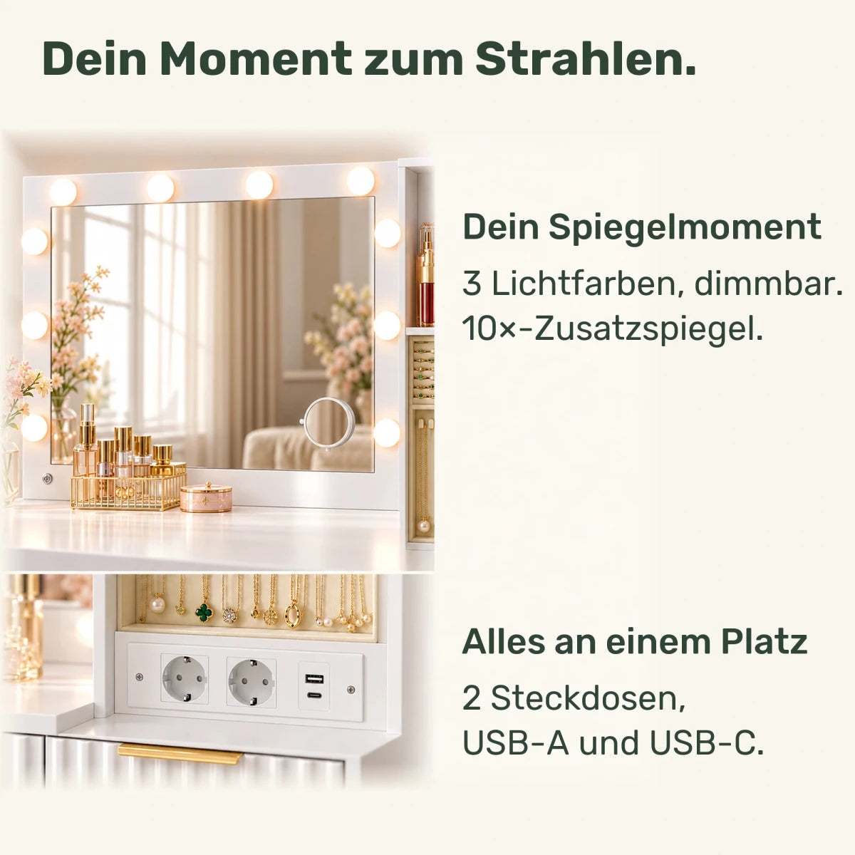 Schminktisch mit LED-Schiebespiegel und Hocker Rosalie - nestful