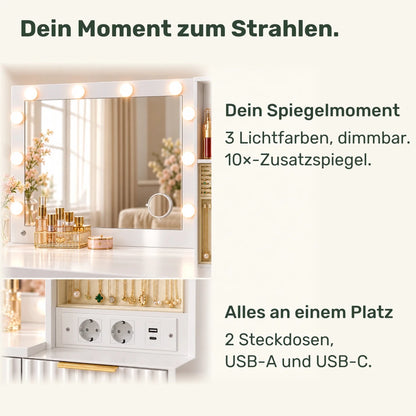 Schminktisch mit LED-Schiebespiegel und Hocker Rosalie - nestful