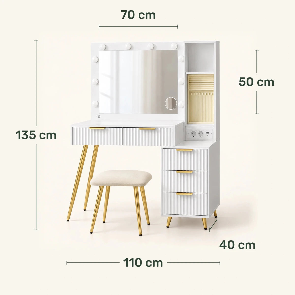 Schminktisch mit LED-Schiebespiegel und Hocker Rosalie - nestful