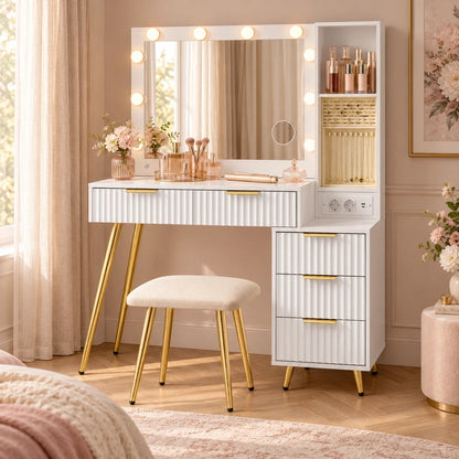 Schminktisch mit LED-Schiebespiegel und Hocker Rosalie - nestful