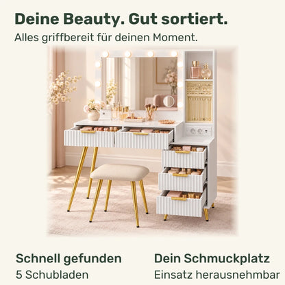Schminktisch mit LED-Schiebespiegel und Hocker Rosalie - nestful