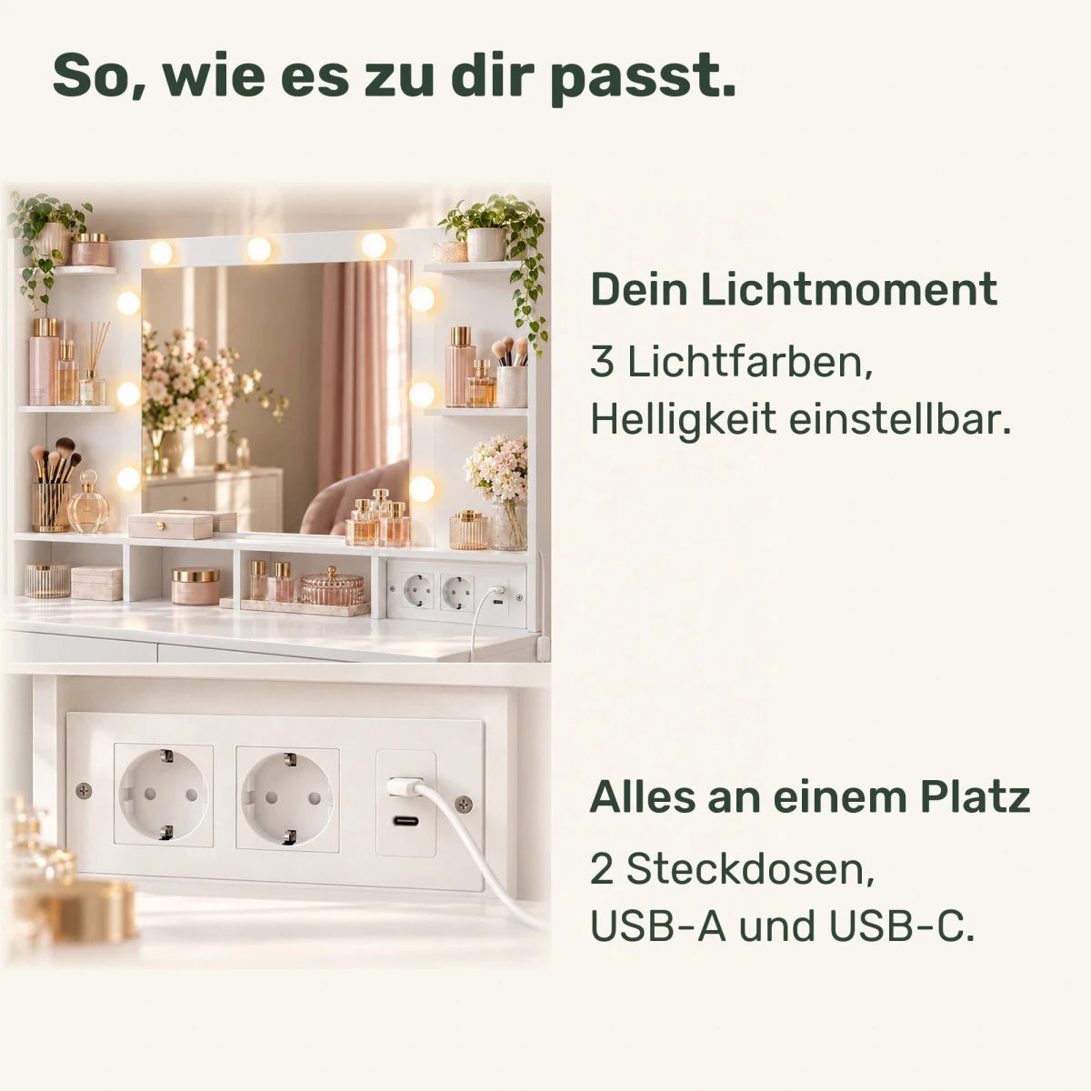Schminktisch mit LED-Spiegel und 10 Schubladen Valeria – 137 cm - nestful