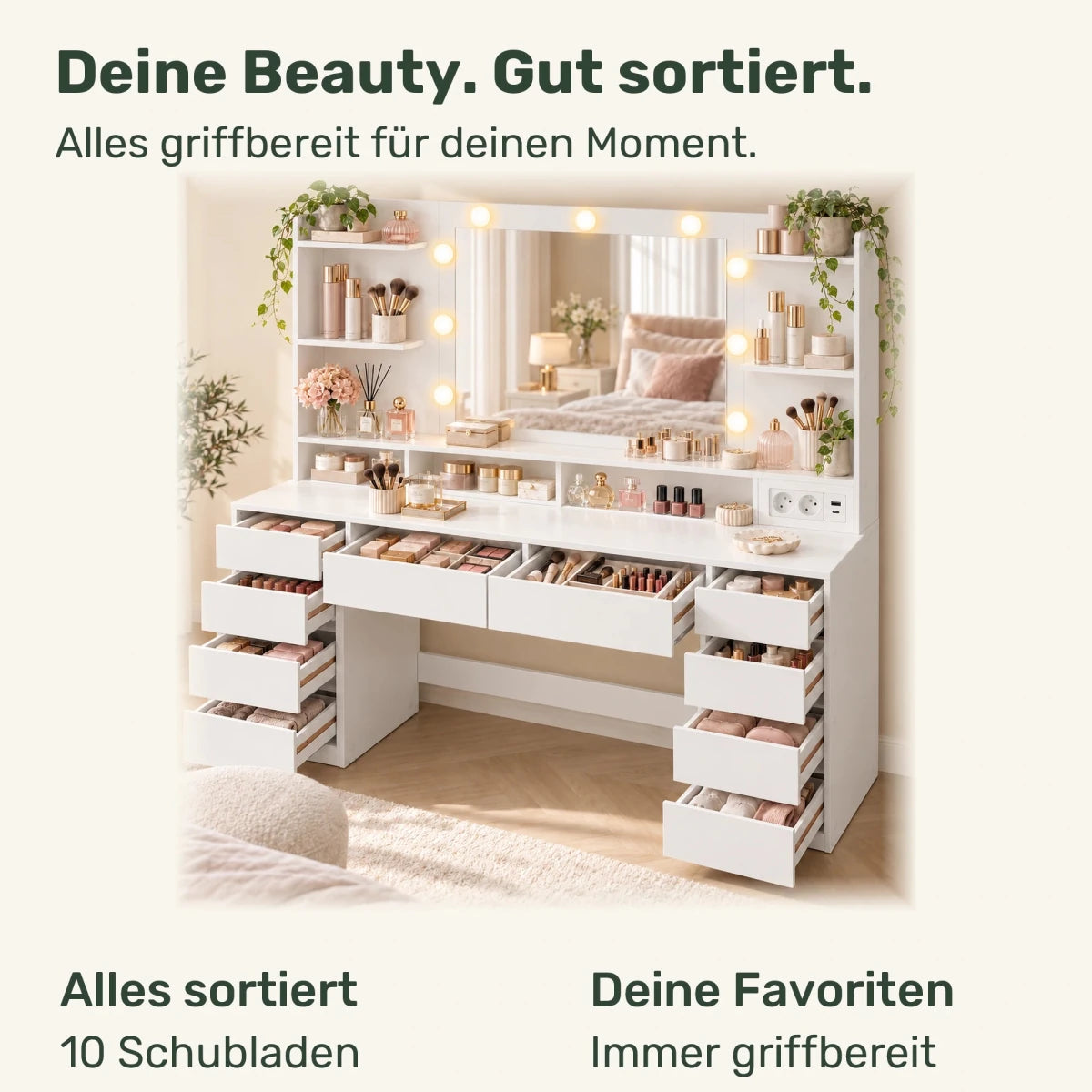 Schminktisch mit LED-Spiegel und 10 Schubladen Valeria – 137 cm - nestful