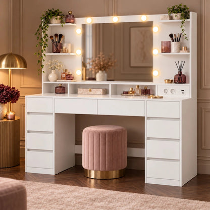 Schminktisch mit LED-Spiegel und 10 Schubladen Valeria – 137 cm - nestful