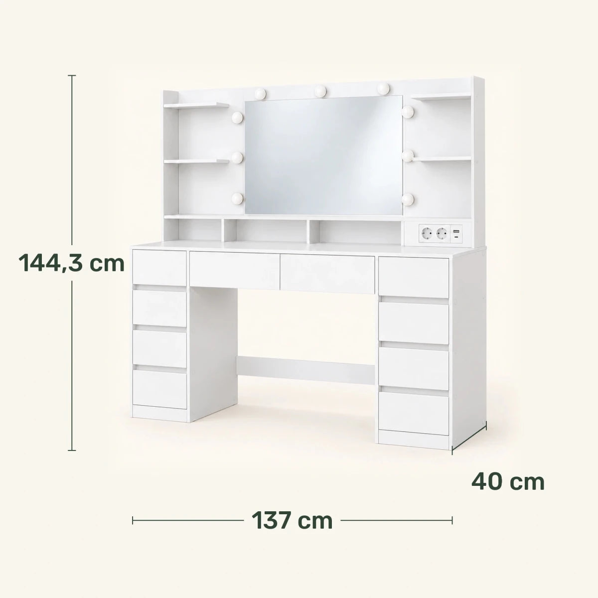 Schminktisch mit LED-Spiegel und 10 Schubladen Valeria – 137 cm - nestful