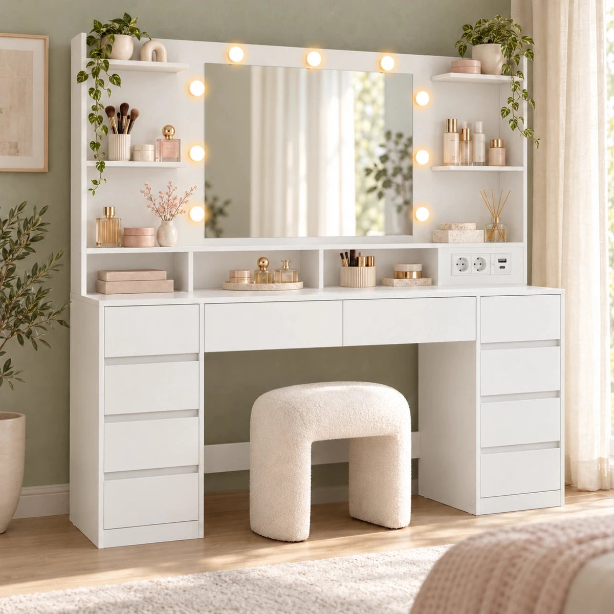 Schminktisch mit LED-Spiegel und 10 Schubladen Valeria – 137 cm - nestful