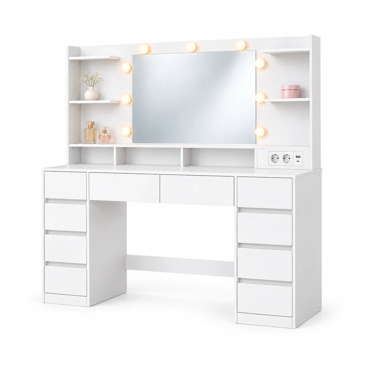 Schminktisch mit LED-Spiegel und 10 Schubladen Valeria – 137 cm - nestful