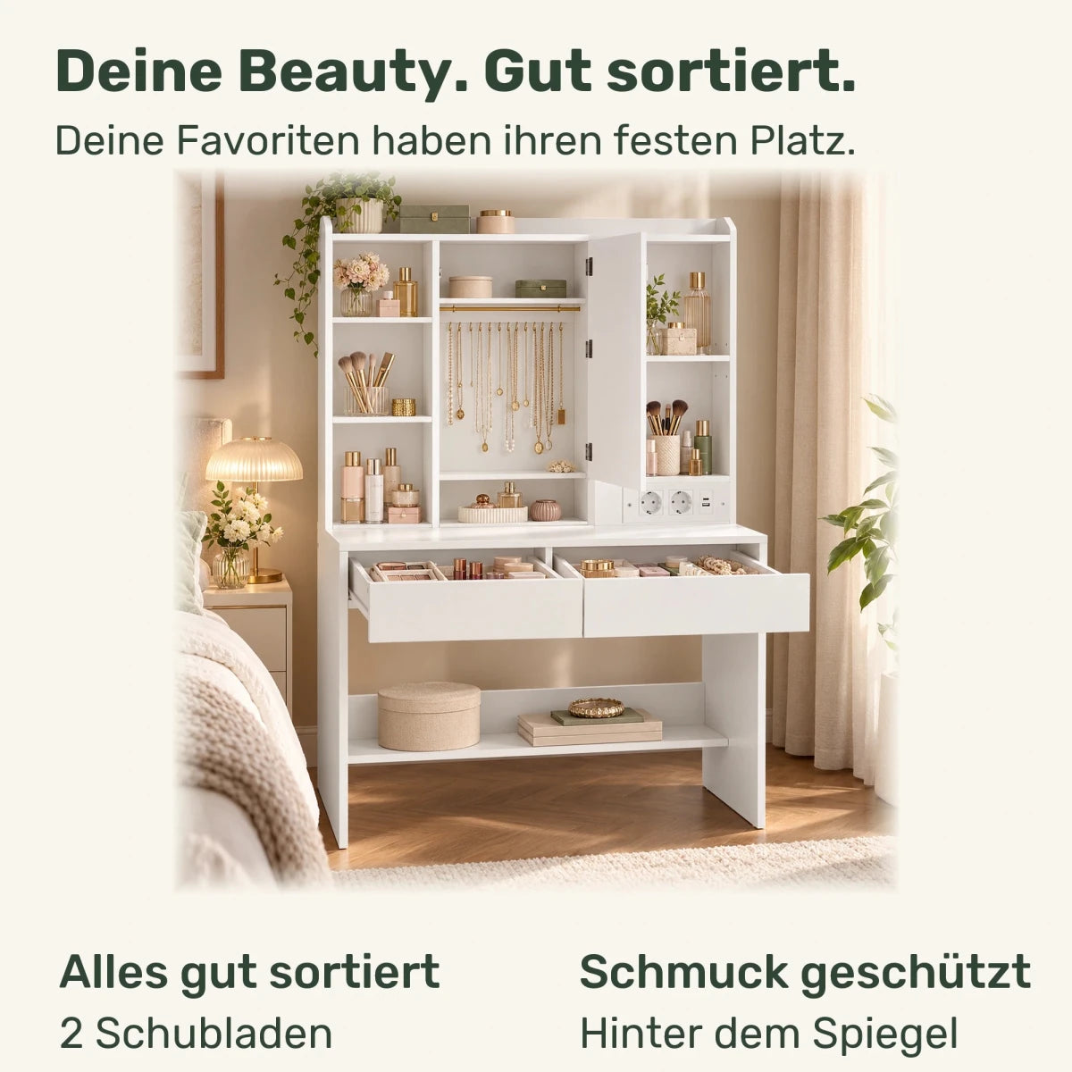 Schminktisch mit LED-Spiegelschrank und Ladestation Amelie – 90 cm - nestful