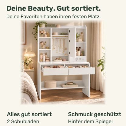 Schminktisch mit LED-Spiegelschrank und Ladestation Amelie – 90 cm - nestful