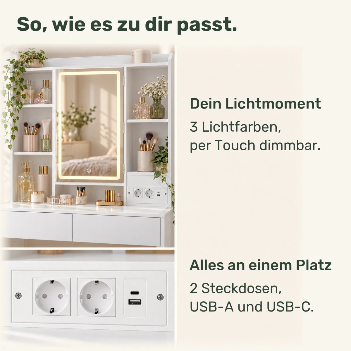 Schminktisch mit LED-Spiegelschrank und Ladestation Amelie – 90 cm - nestful