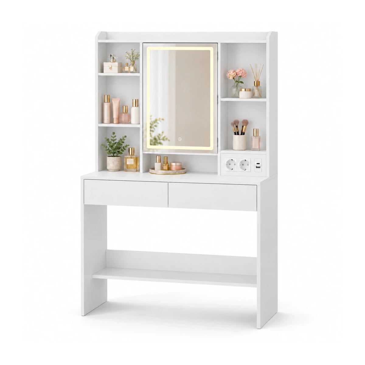 Schminktisch mit LED-Spiegelschrank und Ladestation Amelie – 90 cm - nestful