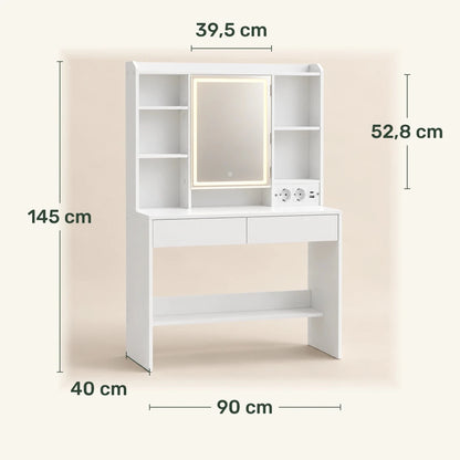 Schminktisch mit LED-Spiegelschrank und Ladestation Amelie – 90 cm - nestful