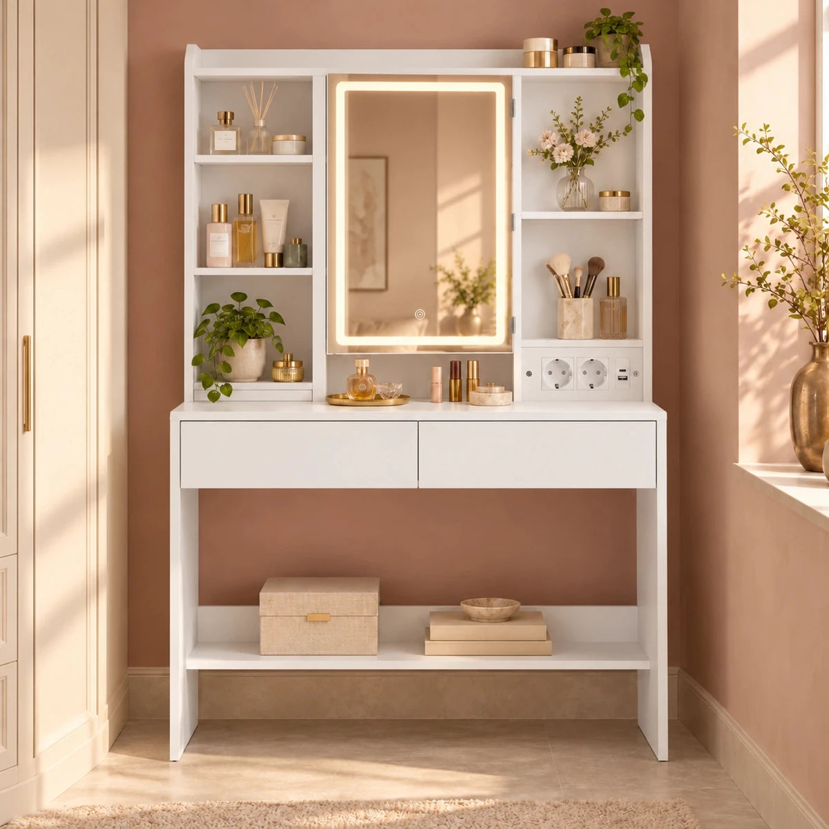 Schminktisch mit LED-Spiegelschrank und Ladestation Amelie – 90 cm - nestful