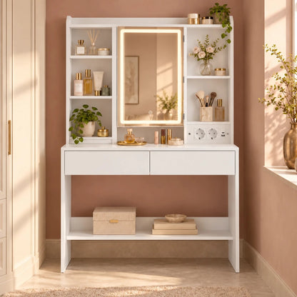 Schminktisch mit LED-Spiegelschrank und Ladestation Amelie – 90 cm - nestful