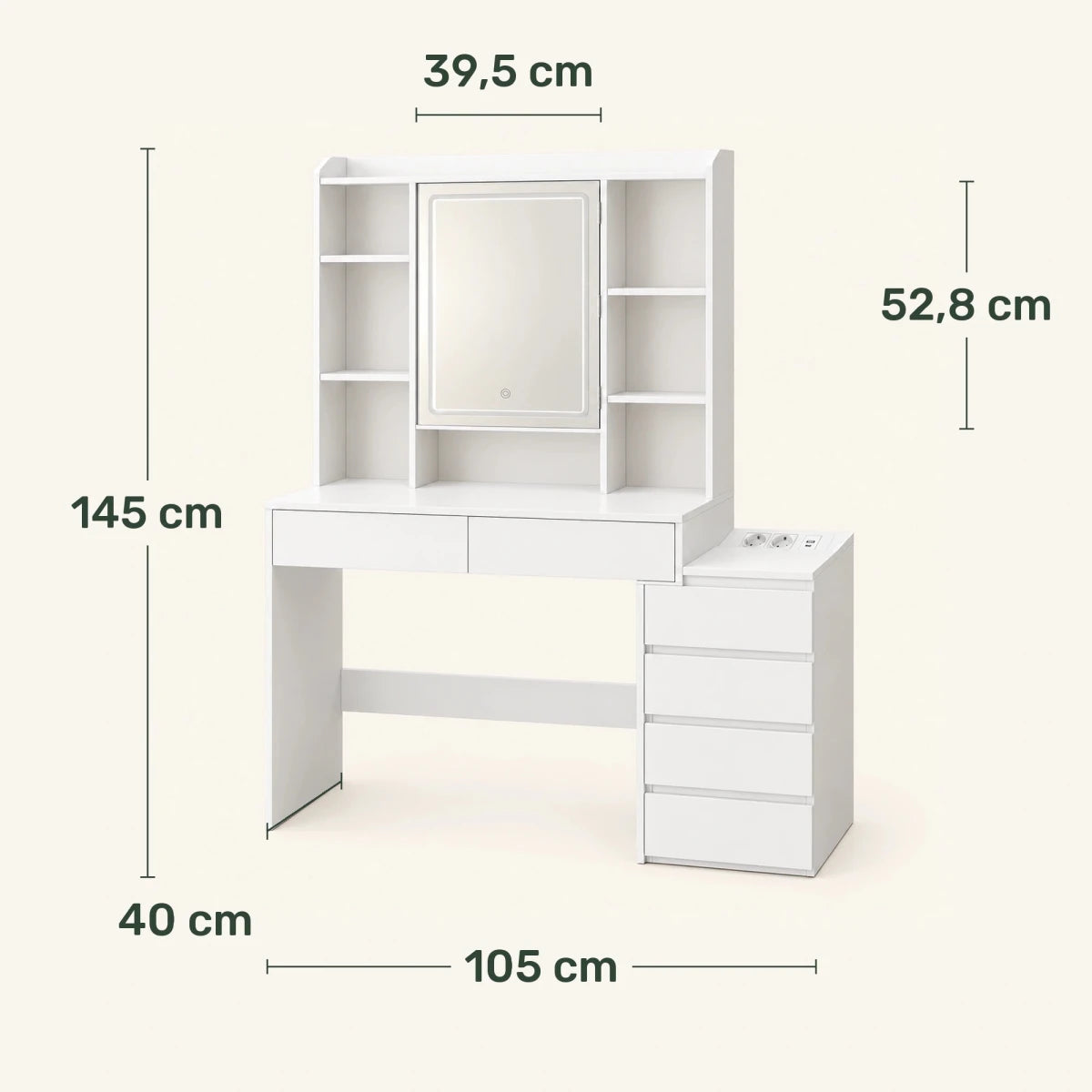 Schminktisch mit LED-Spiegelschrank und Ladestation Mira – 105 / 124,7 cm - nestful