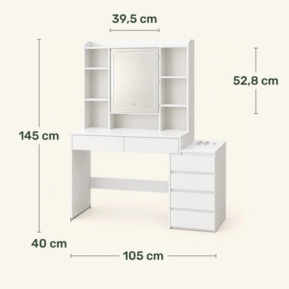 Schminktisch mit LED-Spiegelschrank und Ladestation Mira – 105 / 124,7 cm - nestful