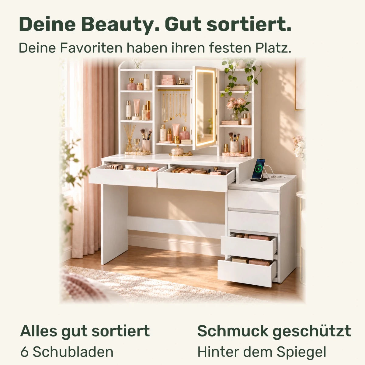 Schminktisch mit LED-Spiegelschrank und Ladestation Mira – 105 / 124,7 cm - nestful