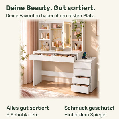 Schminktisch mit LED-Spiegelschrank und Ladestation Mira – 105 / 124,7 cm - nestful