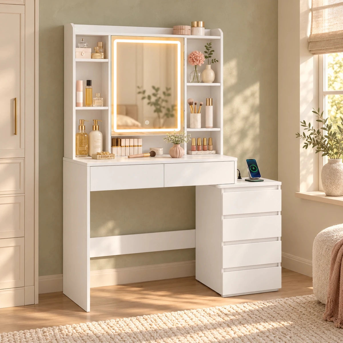 Schminktisch mit LED-Spiegelschrank und Ladestation Mira – 105 / 124,7 cm - nestful