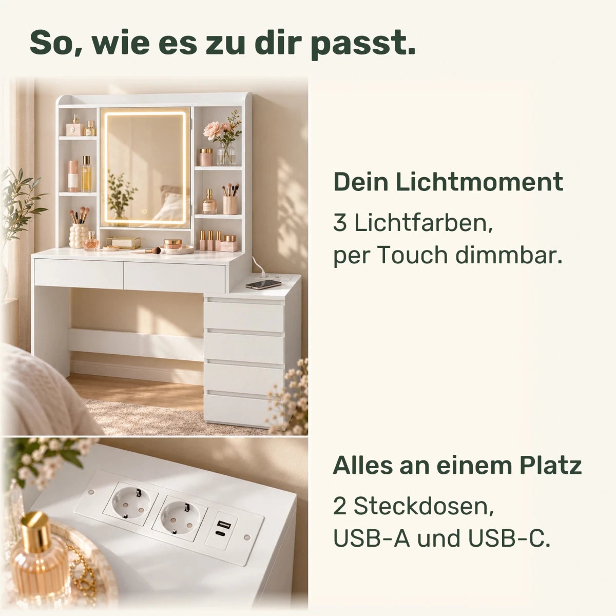 Schminktisch mit LED-Spiegelschrank und Ladestation Mira – 105 / 124,7 cm - nestful