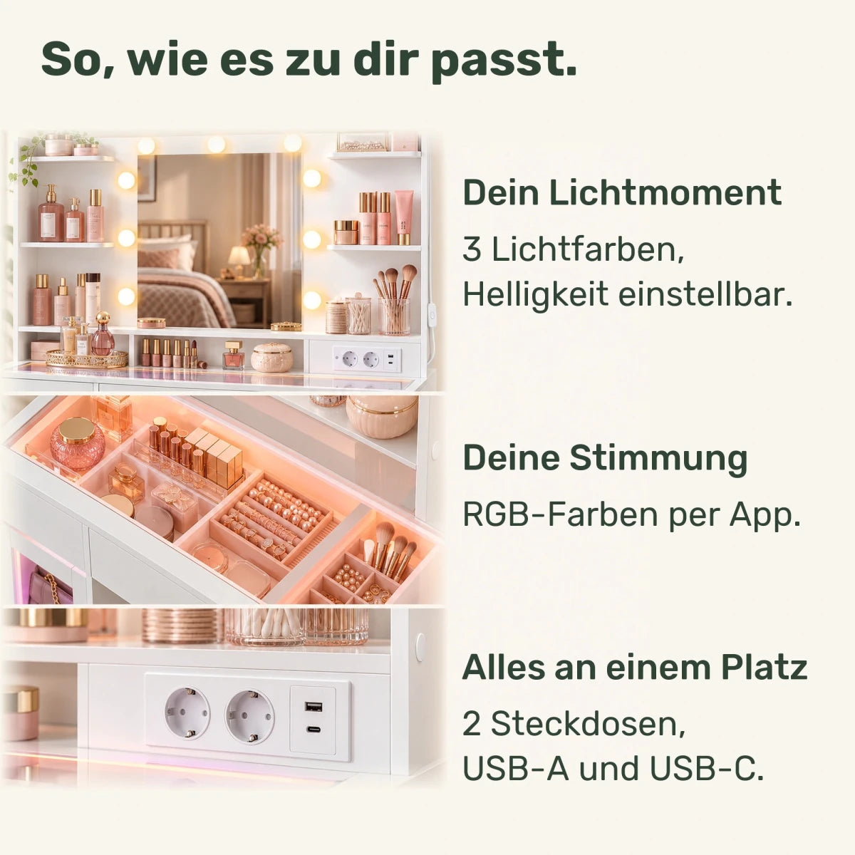 Schminktisch mit RGB-Beleuchtung und 2 Glasfächern Aurelia – 107 cm - nestful