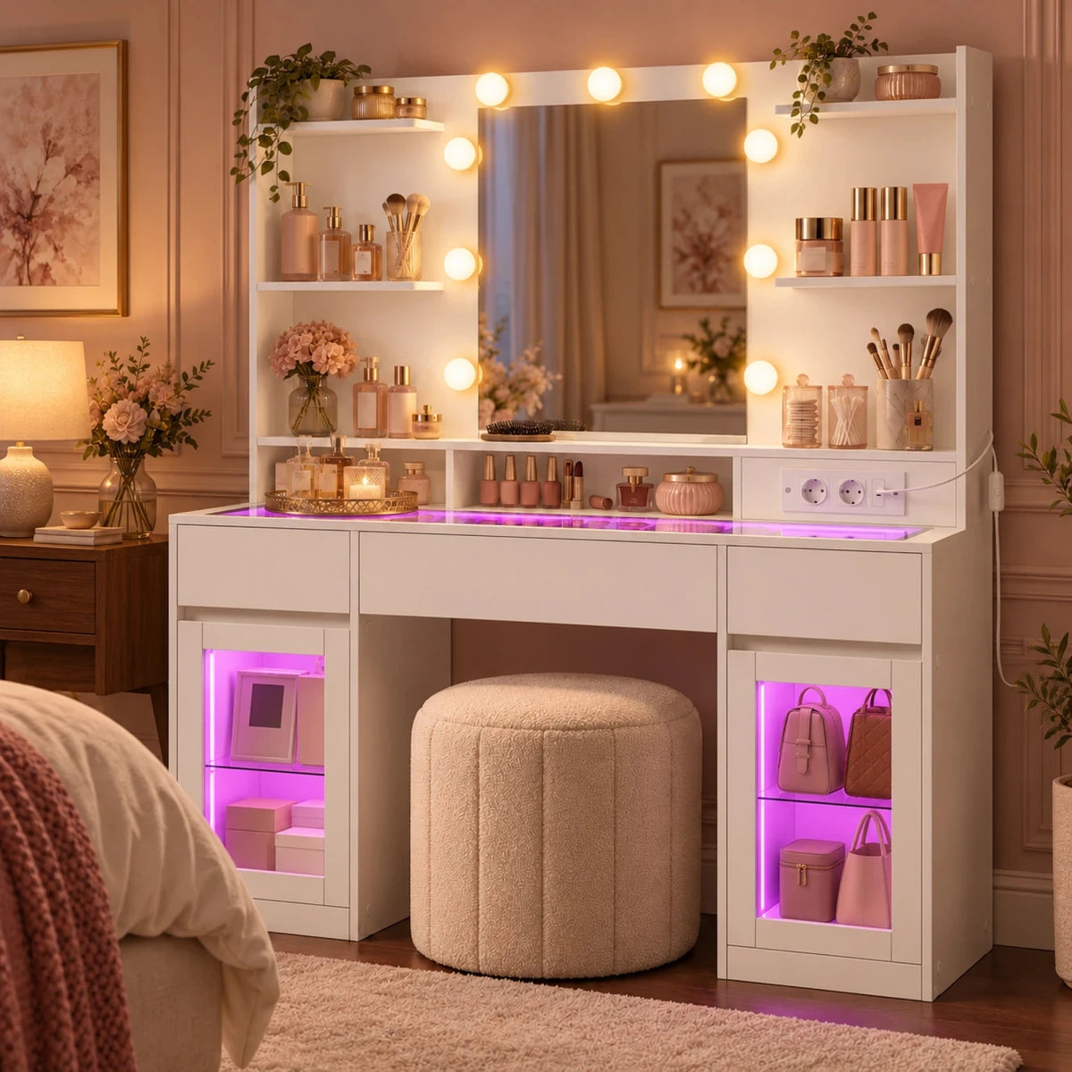 Schminktisch mit RGB-Beleuchtung und 2 Glasfächern Aurelia – 107 cm - nestful