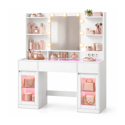Schminktisch mit RGB-Beleuchtung und 2 Glasfächern Aurelia – 107 cm - nestful
